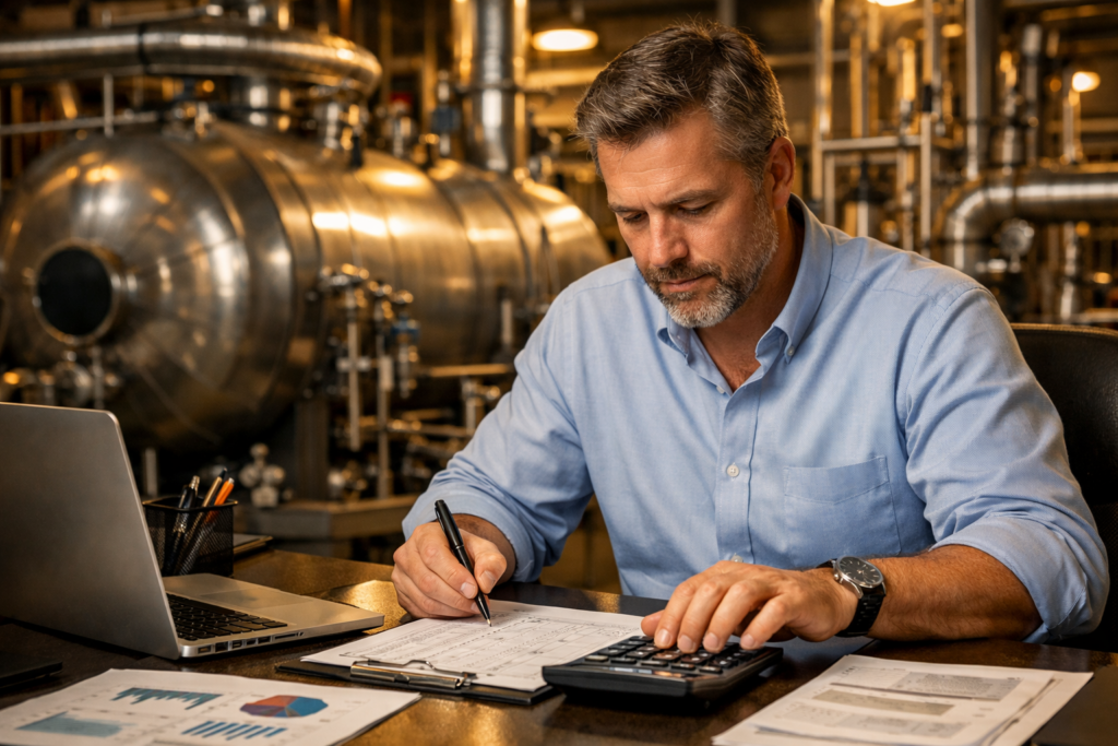 Como calcular ROI de equipamento industrial — gestor analisando planilha com caldeiras ao fundo