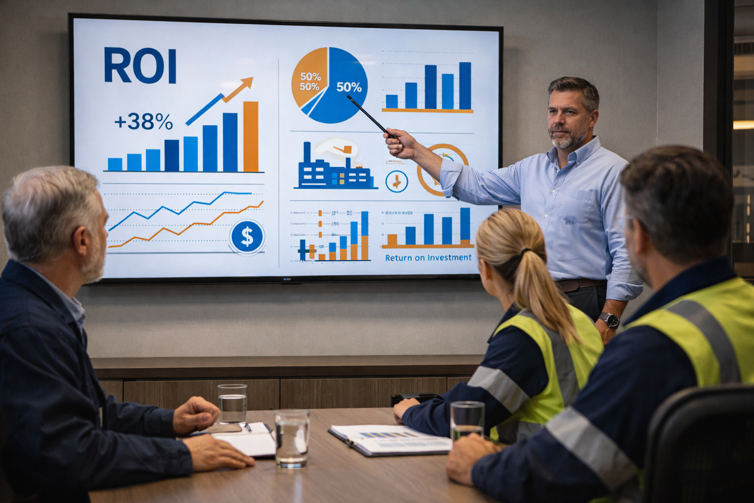 Apresentação de resultados em reunião corporativa industrial: tela com gráficos de ROI, gestor apresentando para equipe. Ambiente profissional e decisório.