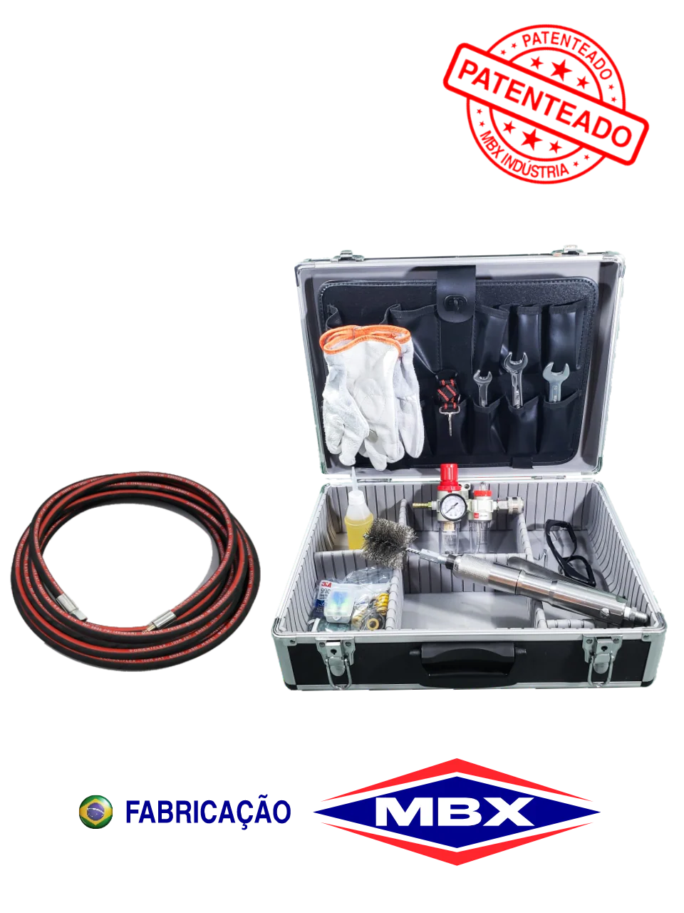 https://mbxmaquinas.com.br/collections/todos-os-produtos-1/products/mbx-2000 Equipamento MBX 2000 com maleta, mangueiras e acessórios completos. Imagem técnica e profissional do produto, destacando qualidade e completude do kit.