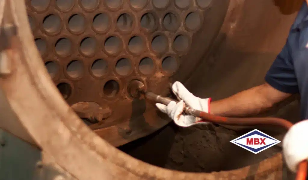 Técnico operando o MBX 2000 em caldeira industrial: limpeza de tubos em andamento, equipamento em uso real. Contexto prático e profissional.