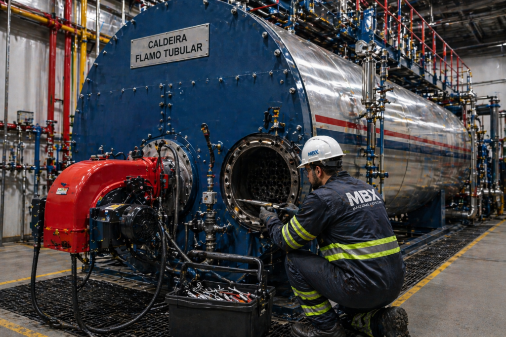 técnico realizando manutenção em caldeira industrial